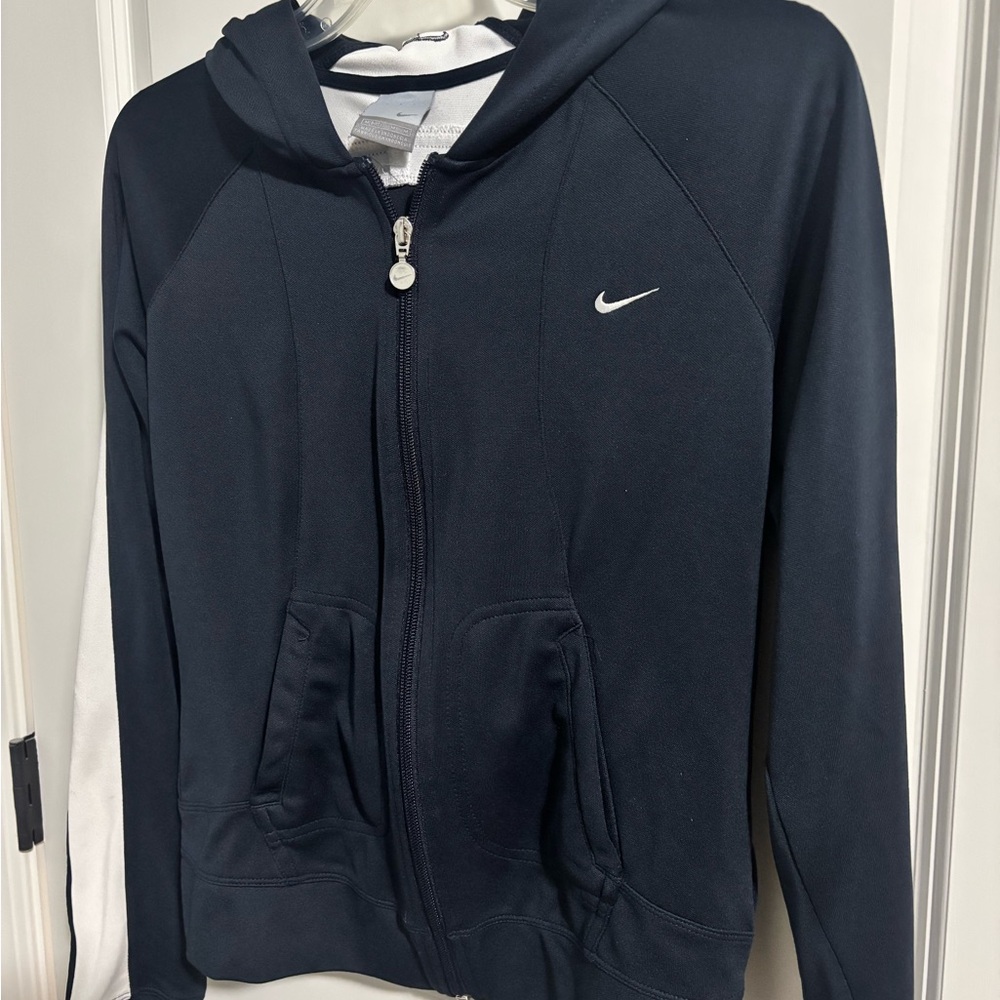 Nike Women's Navy and White Hoodie Track Jacket